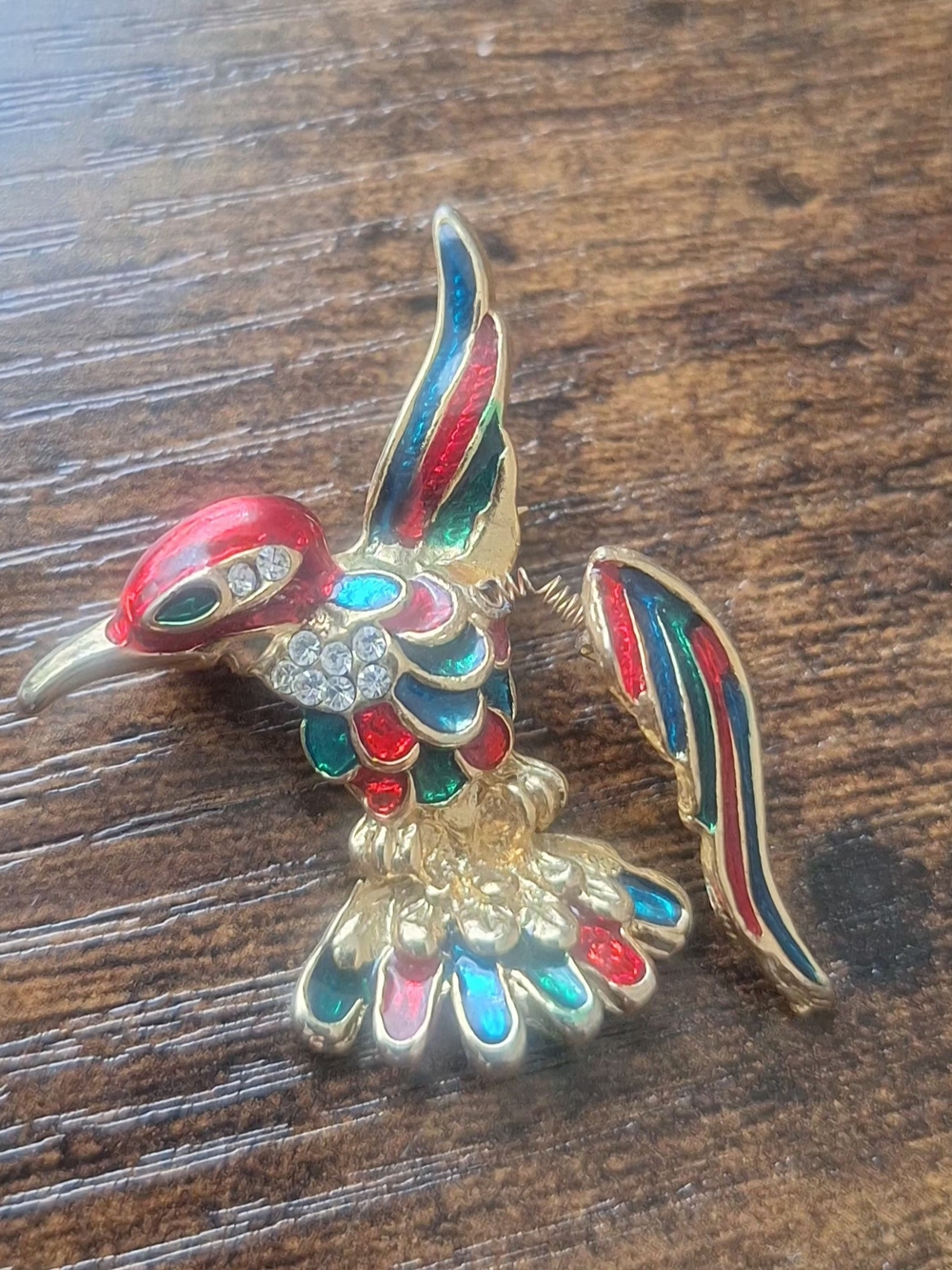 1.5" Vintage Hummingbird Rhinestone Enamel Pin Red Blue Green Spring Wing - Picture 3 of 6
